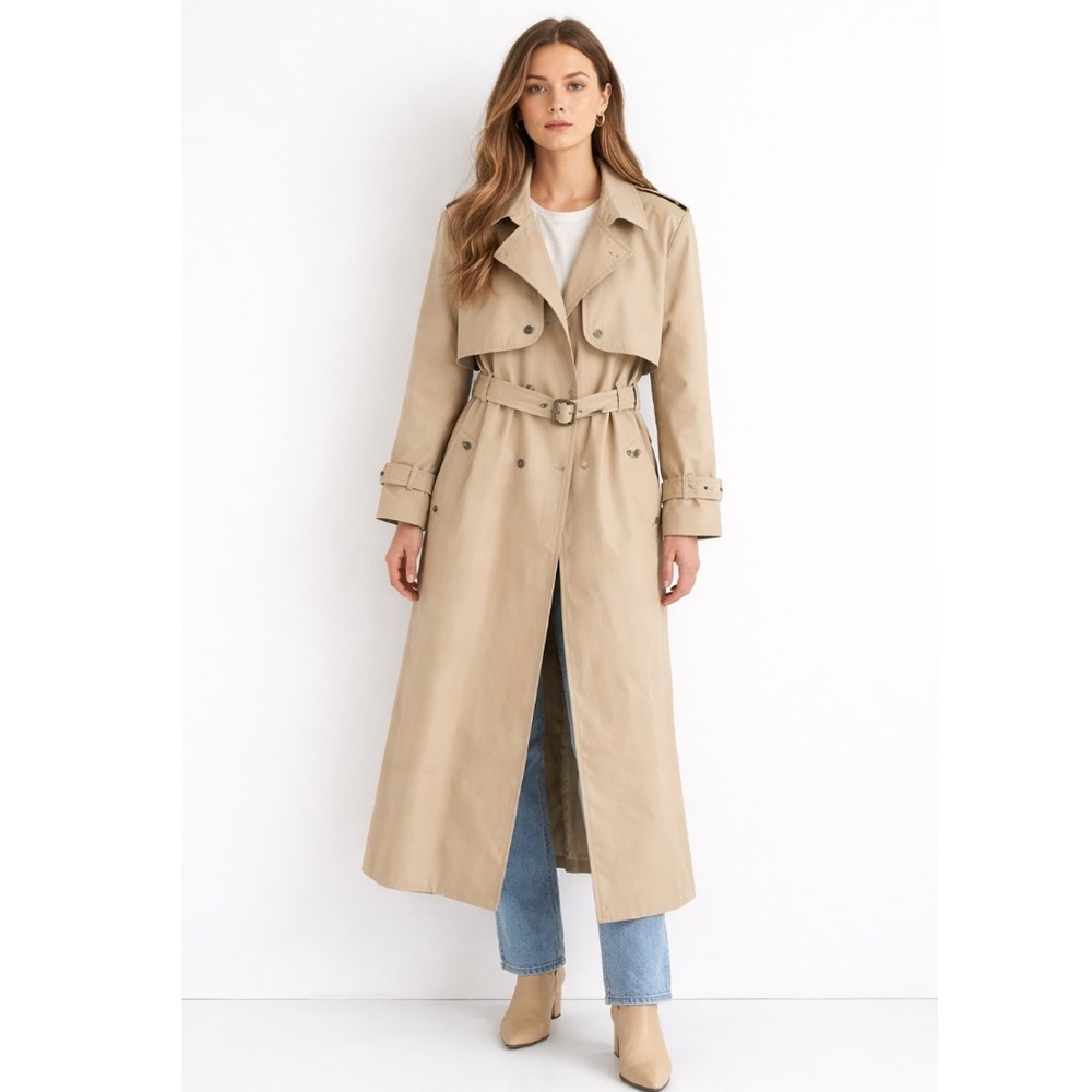 90s Vintage Longline Trench Coat Belted Beige Size 6 Screen Worn IWTV